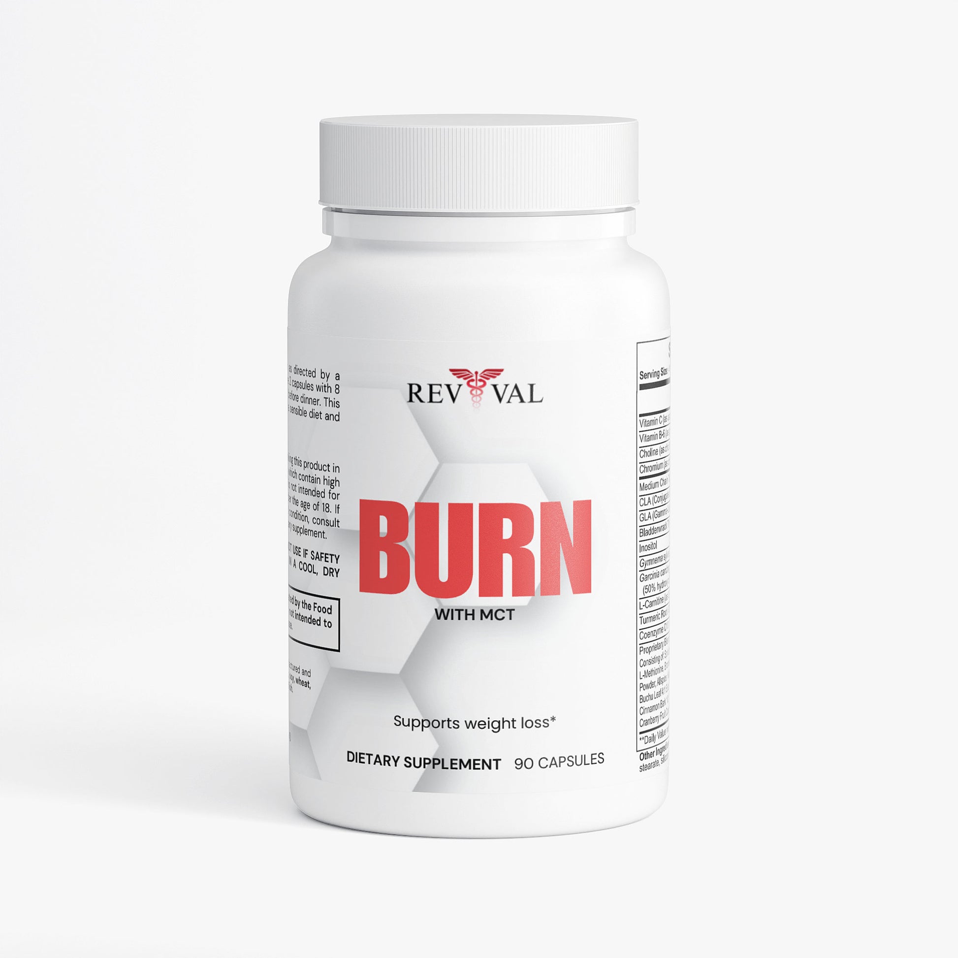 Supplement bottle labeled 'REVIVAL BURN' on a white background
