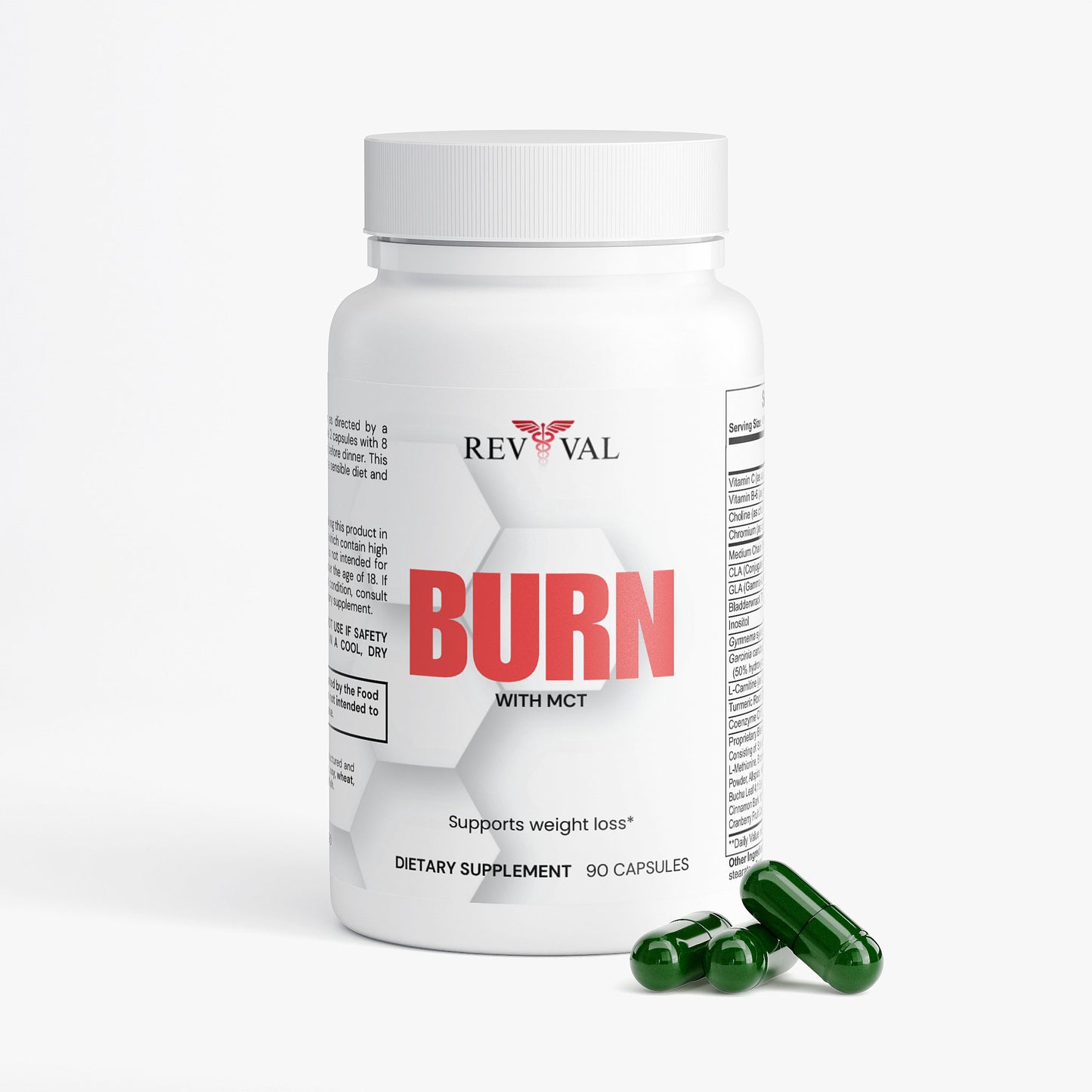 Supplement bottle labeled 'REVIVAL BURN' with capsules on a white background