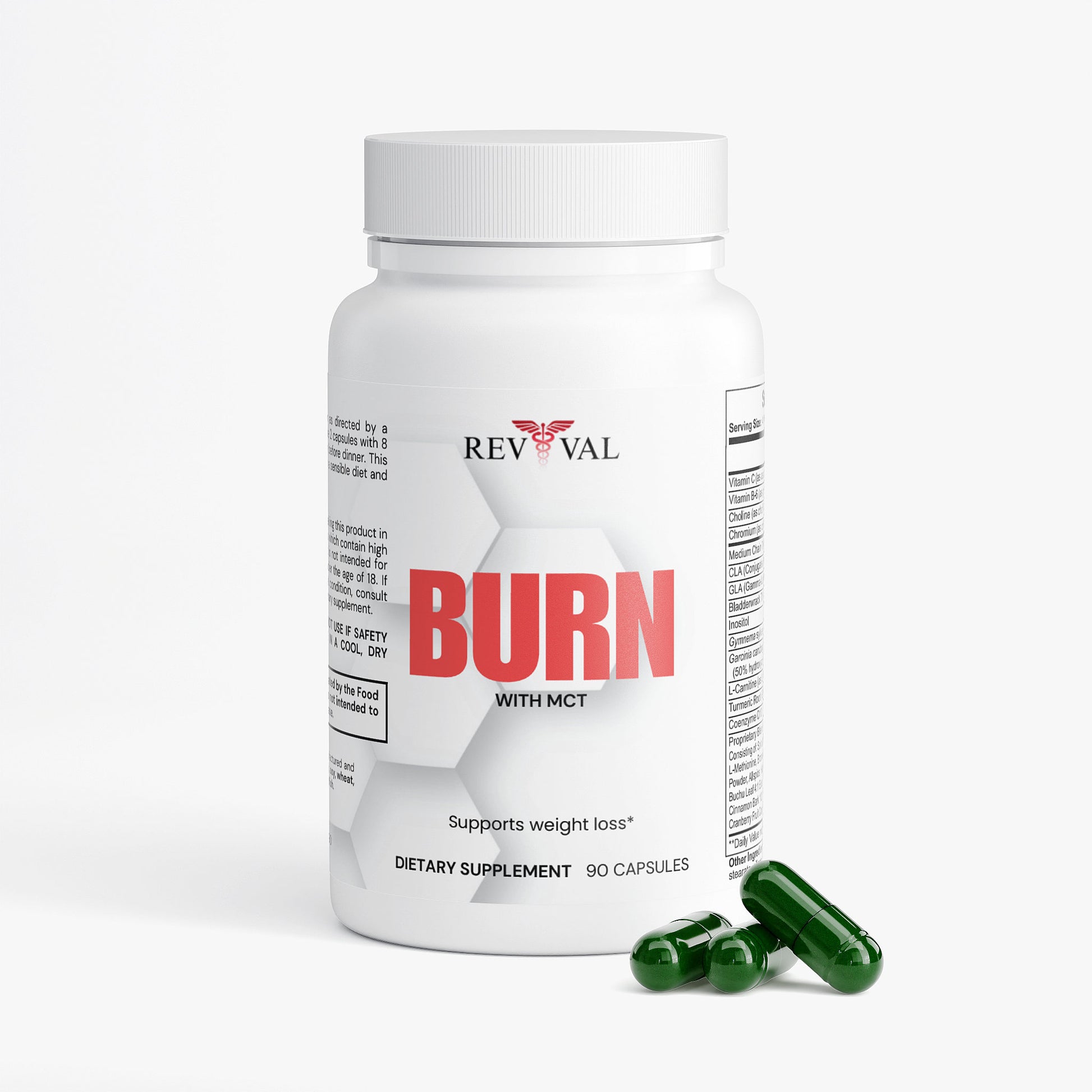 Supplement bottle labeled 'REVIVAL BURN' with capsules on a white background