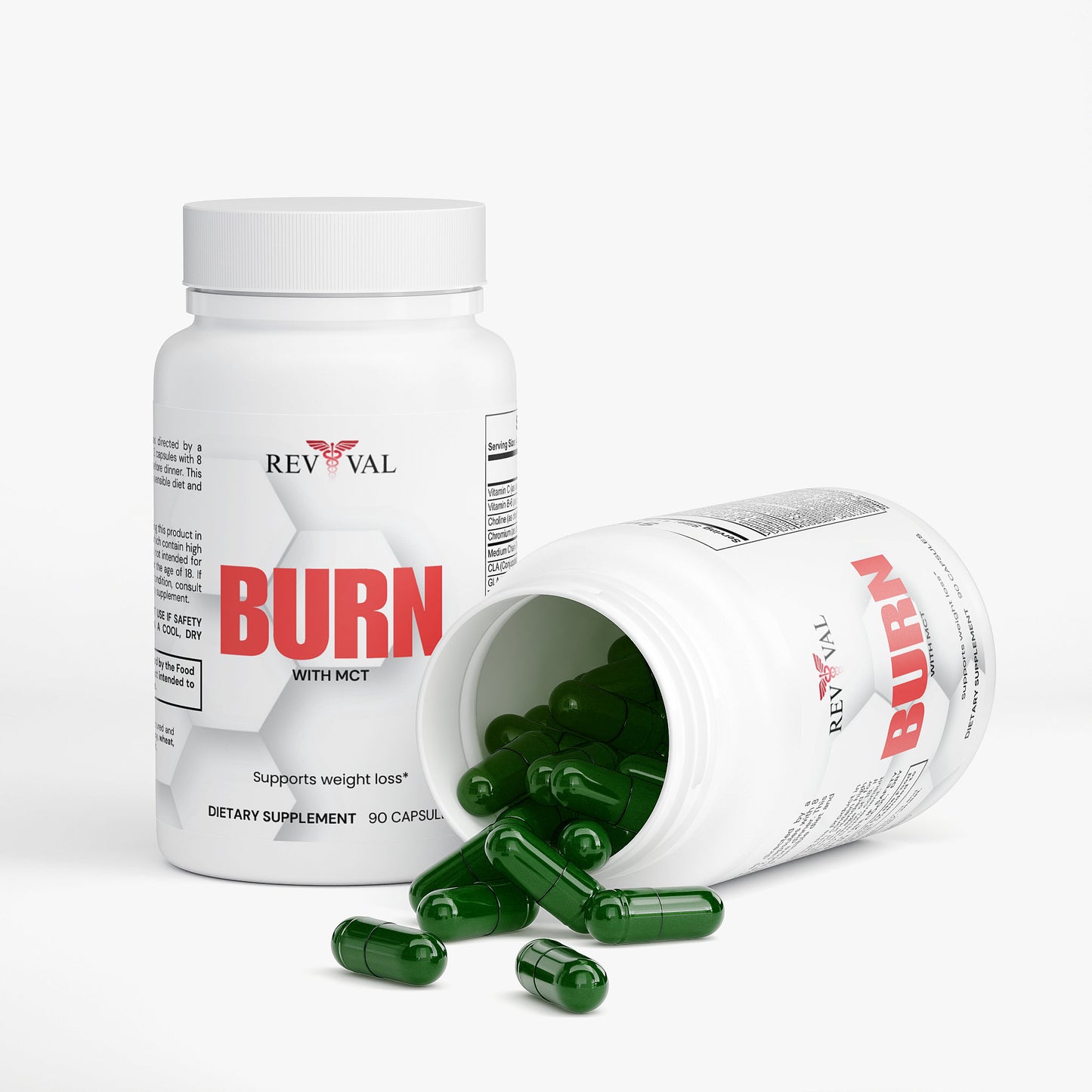 Revival Burn dietary supplement with green capsules on a white background