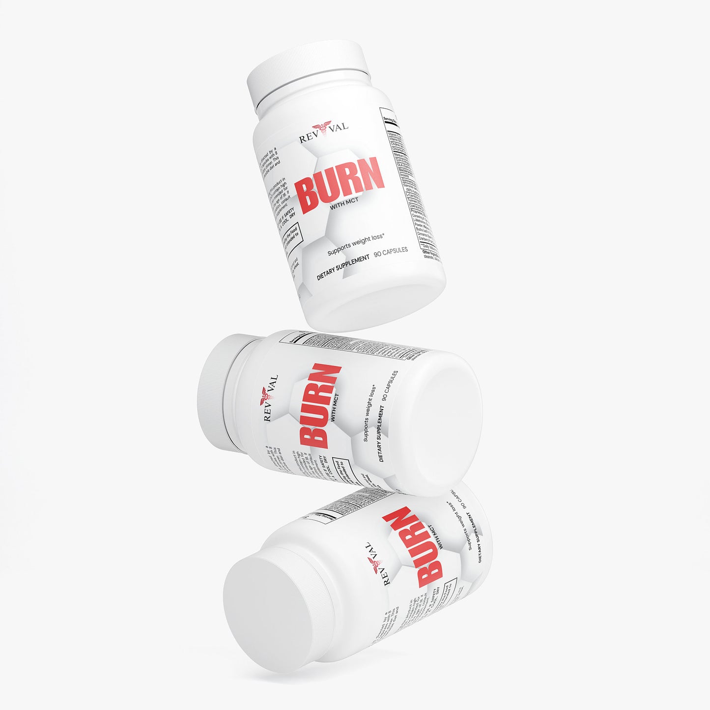 Three bottles of a supplement named 'BURN' on a white background
