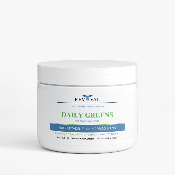 Revival Daily Greens supplement container on a white background
