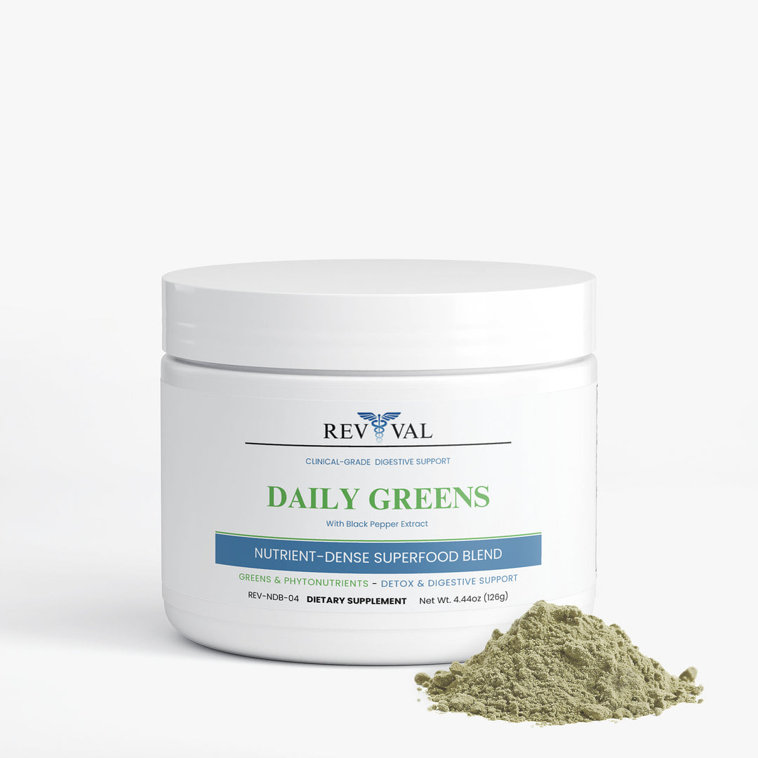 Revival Daily Greens supplement container with green powder on a white background