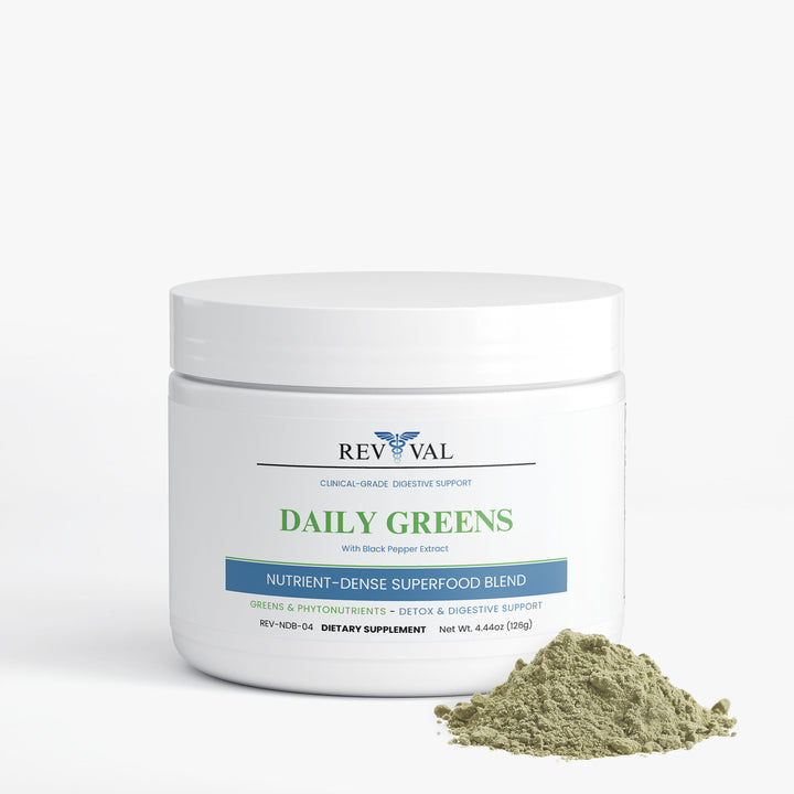 Revival Daily Greens supplement container with green powder on a white background