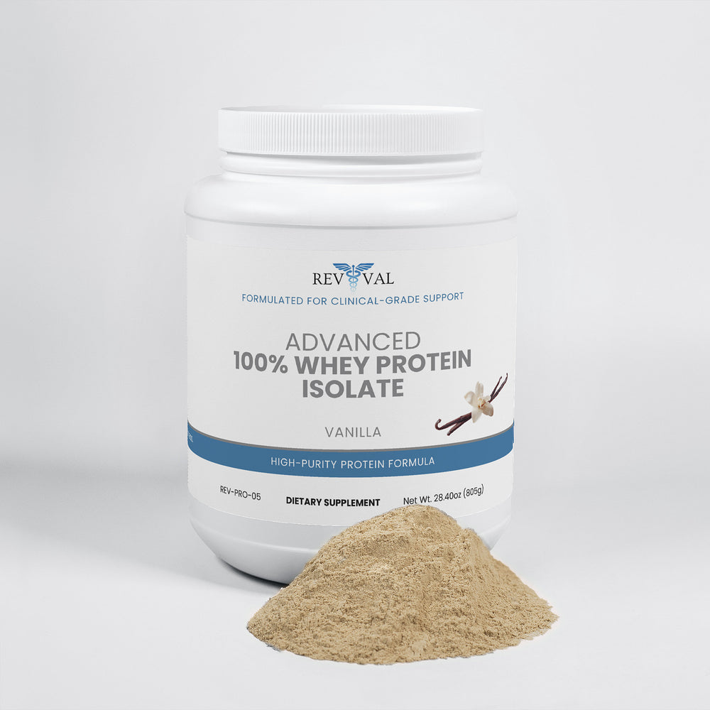 Jar of Revival Advanced 100% Whey Protein Isolate with protein powder on a white background
