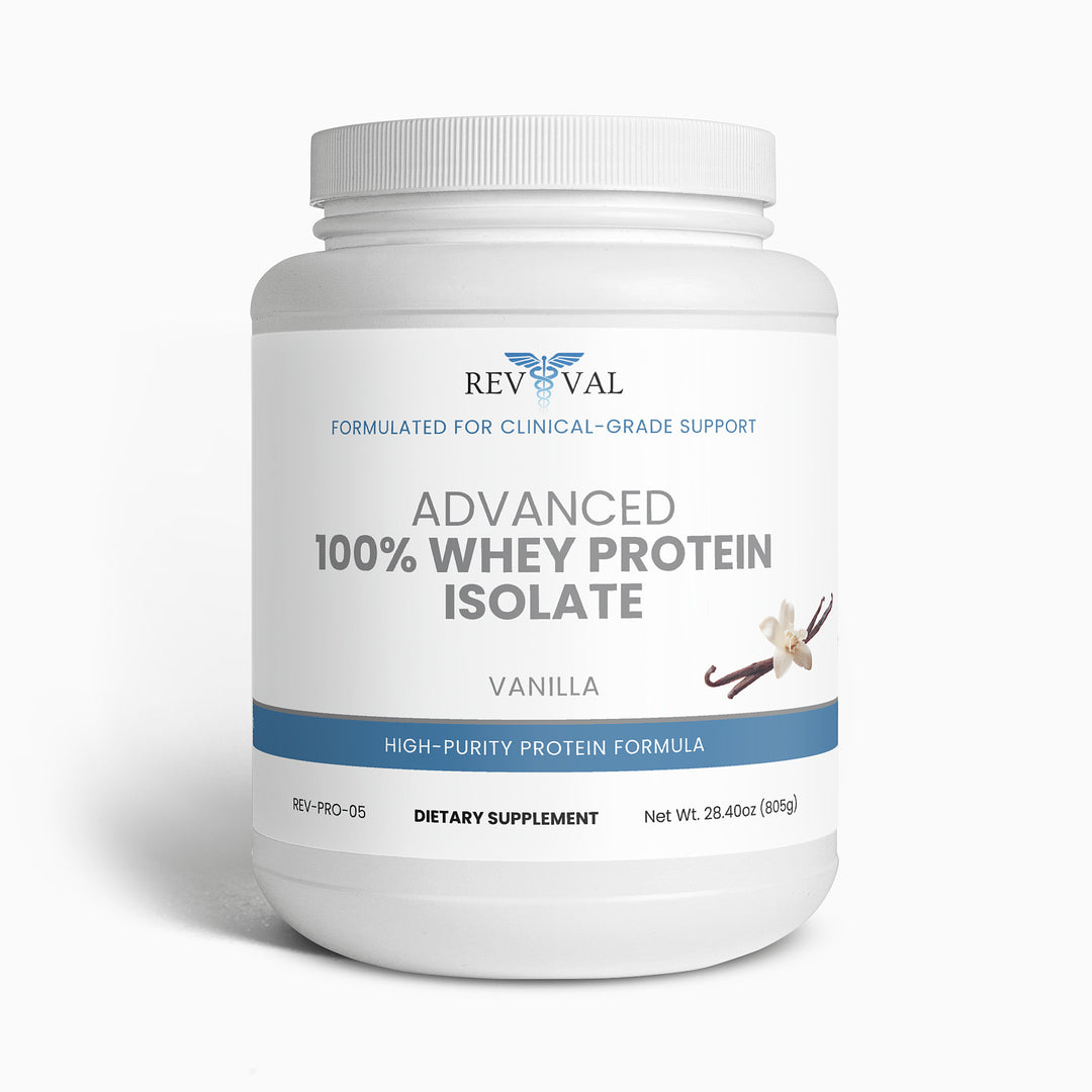 Revival Advanced 100% Whey Protein Isolate container on a white background