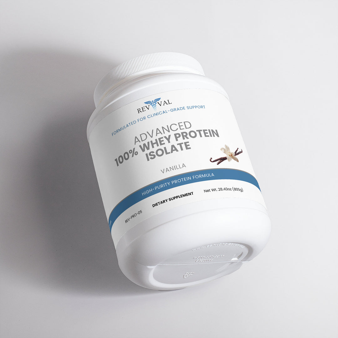 Container of Revival Advanced 100% Whey Protein Isolate on a light gray background