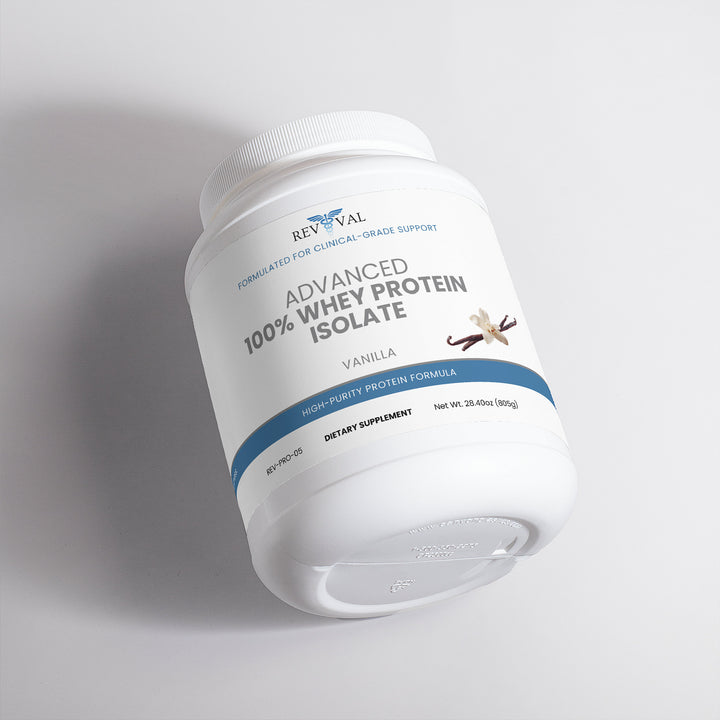 Container of Revival Advanced 100% Whey Protein Isolate on a light gray background