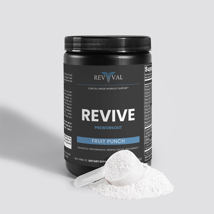 Revive preworkout supplement container with scoop of powder on a light gray background