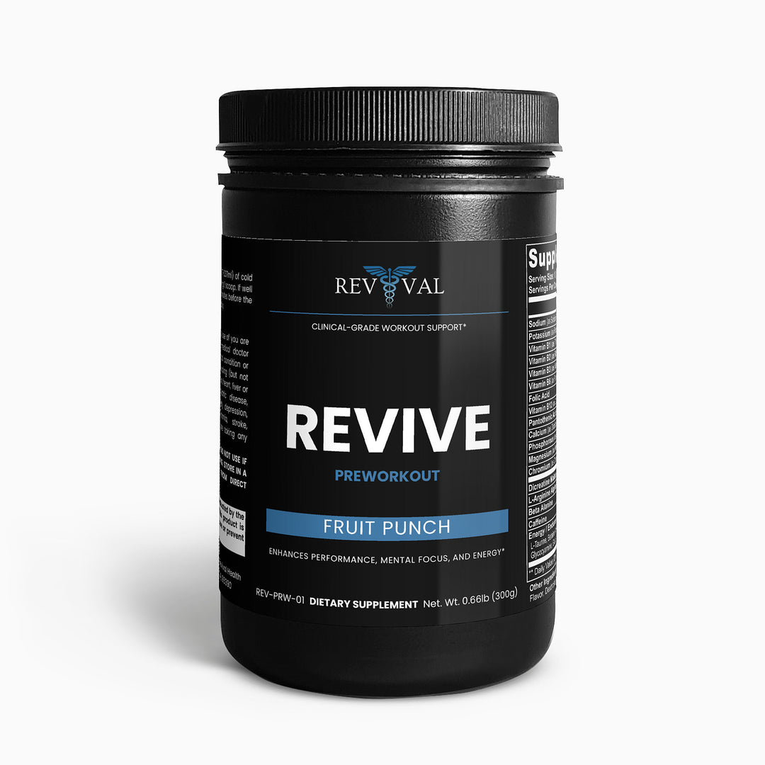 Black preworkout supplement container labeled 'REVIVE' on a white background
