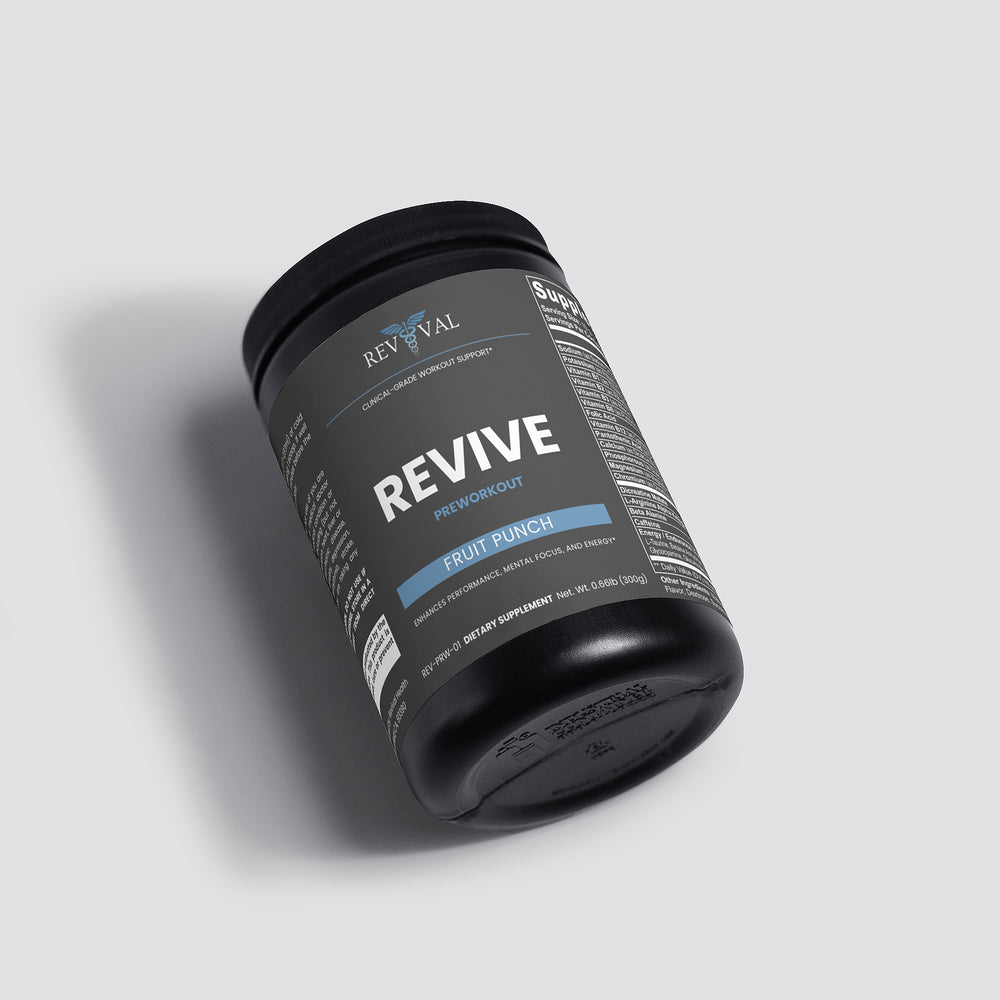 Black container labeled 'REVIVE' on a gray background