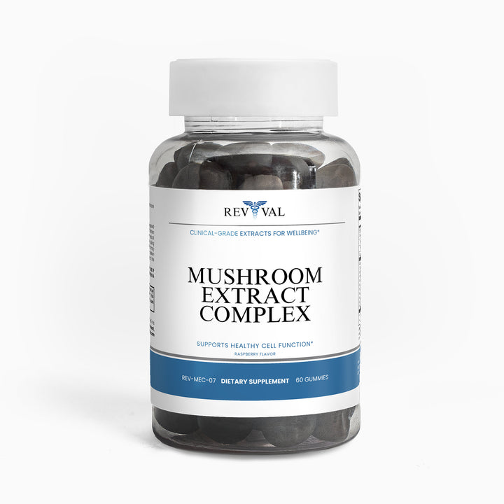 Bottle of Revival Mushroom Extract Complex on a white background