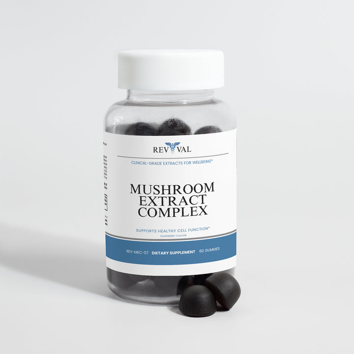 Bottle of Revival Mushroom Extract Complex on a light gray background