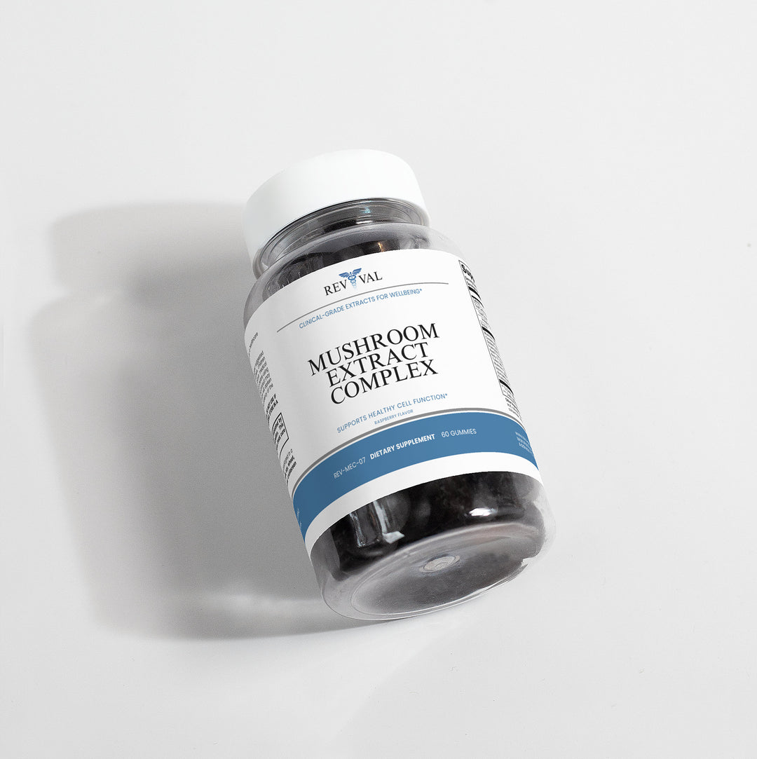 Bottle of Revival Mushroom Extract Complex on a white background