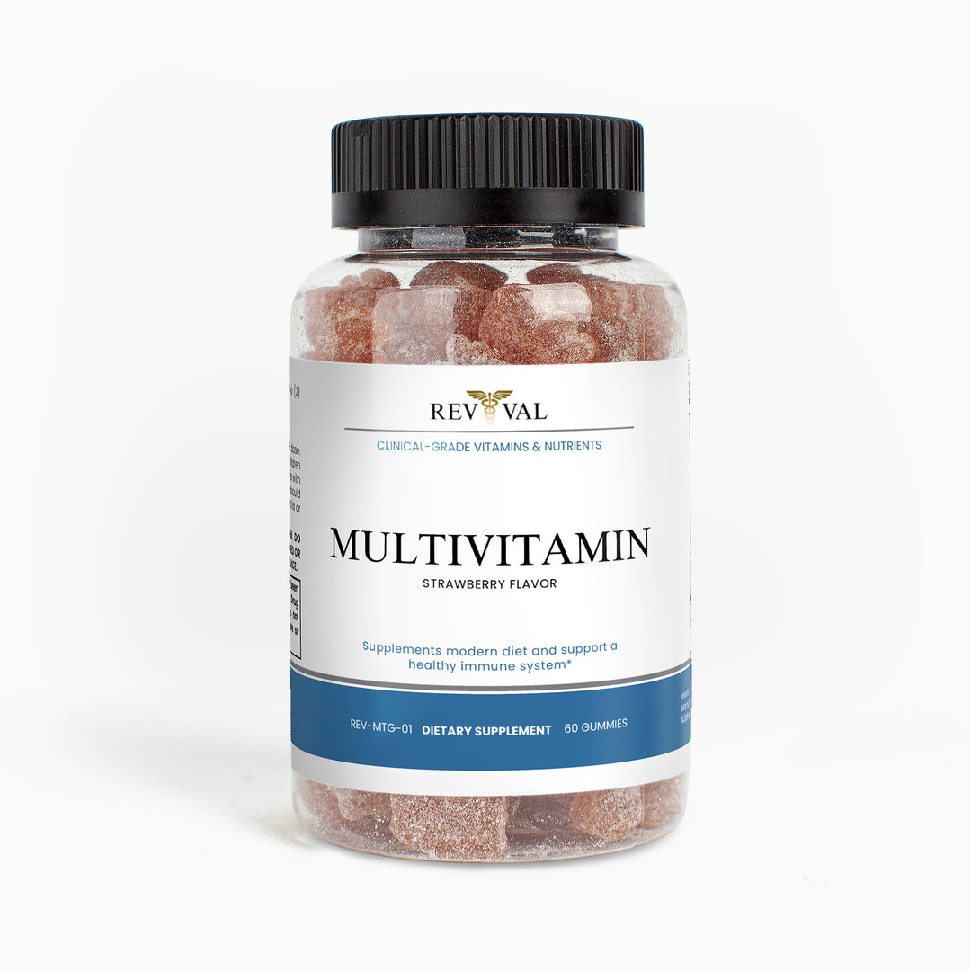 Multivitamin supplement bottle with strawberry flavor on a white background