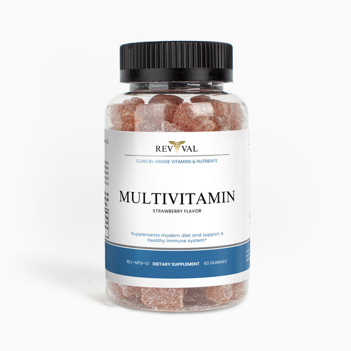 Multivitamin supplement bottle with strawberry flavor on a white background