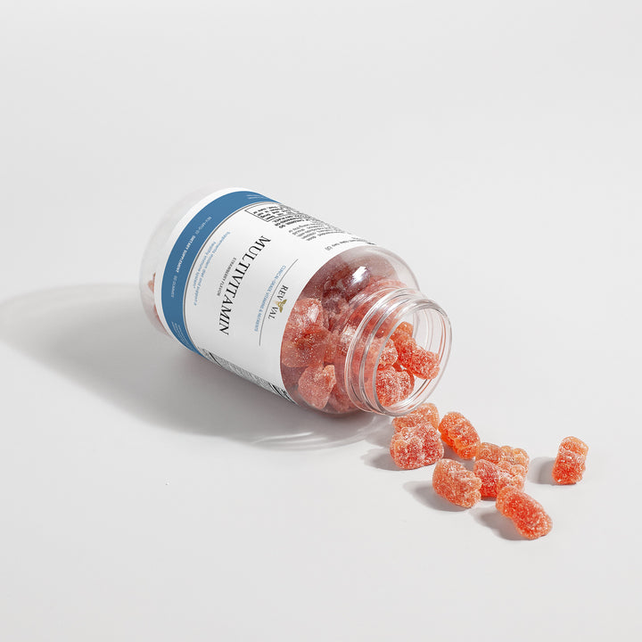 Jar of gummy supplements with a white label on a light gray background