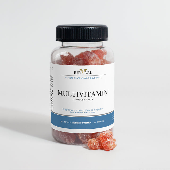 Multivitamin gummy supplement bottle with a white label on a light gray background