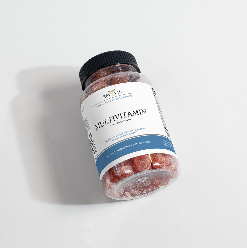 Jar of Revival Multivitamin gummies on a light gray background