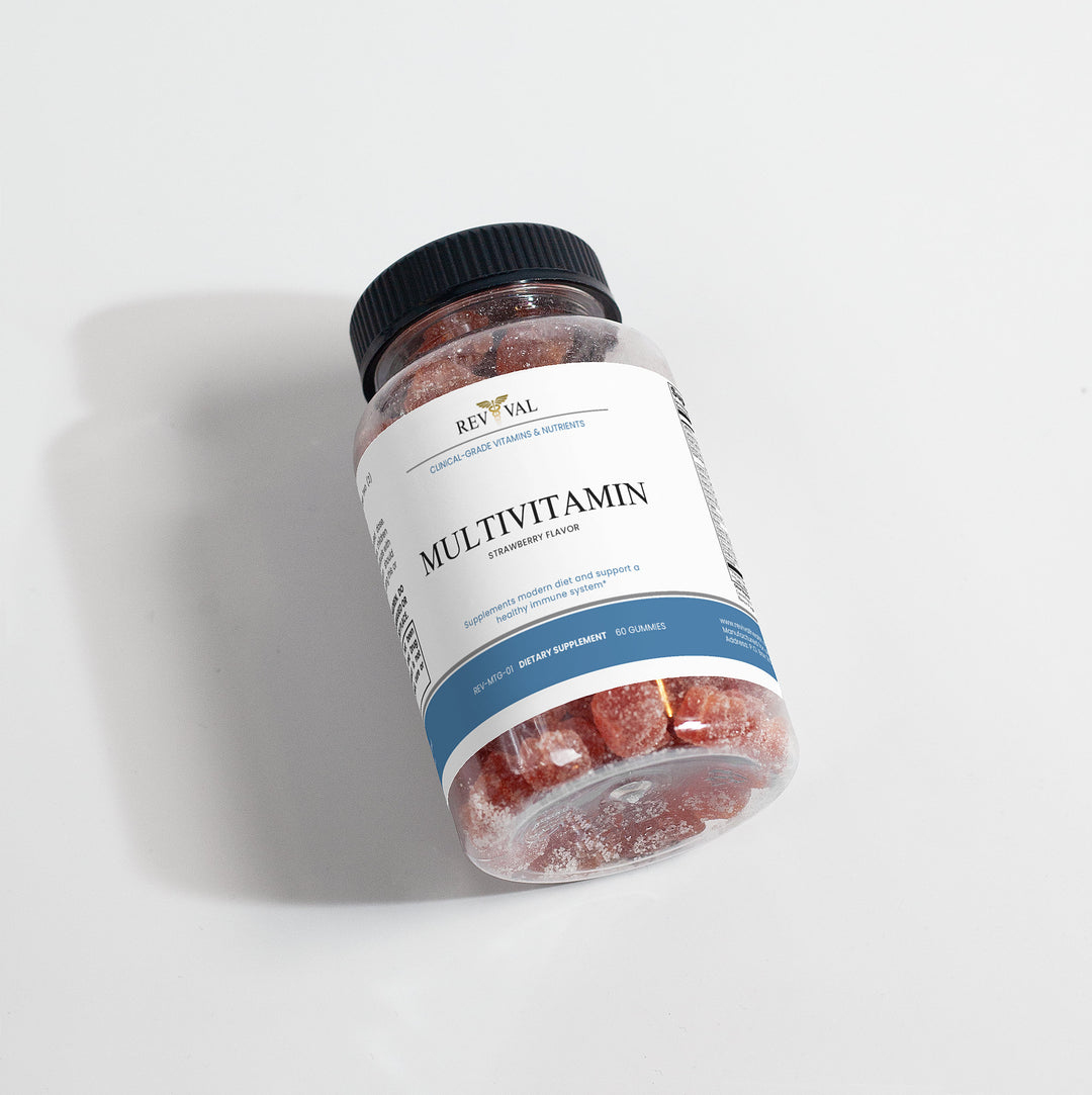 Jar of Revival Multivitamin gummies on a light gray background