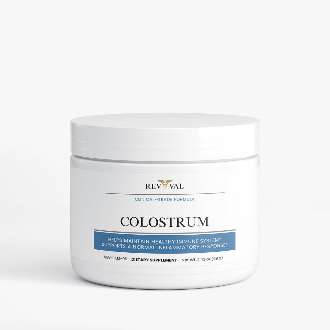 Rev Val Colostrum supplement jar on a white background