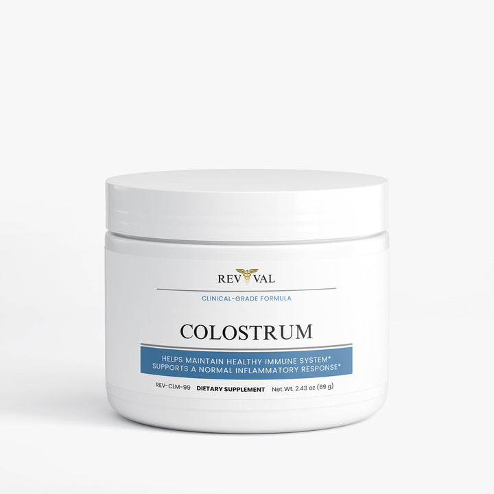 Rev Val Colostrum supplement jar on a white background