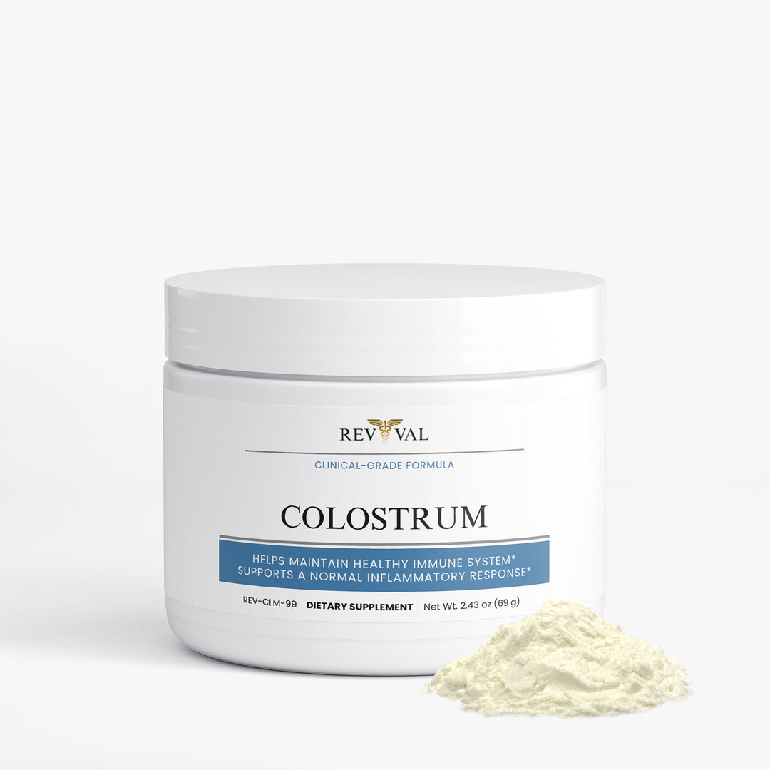 Rev Val Colostrum supplement container with powder on a white background