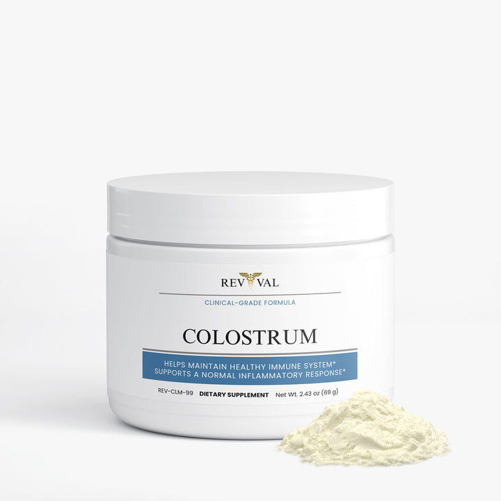 Rev Val Colostrum supplement container with powder on a white background