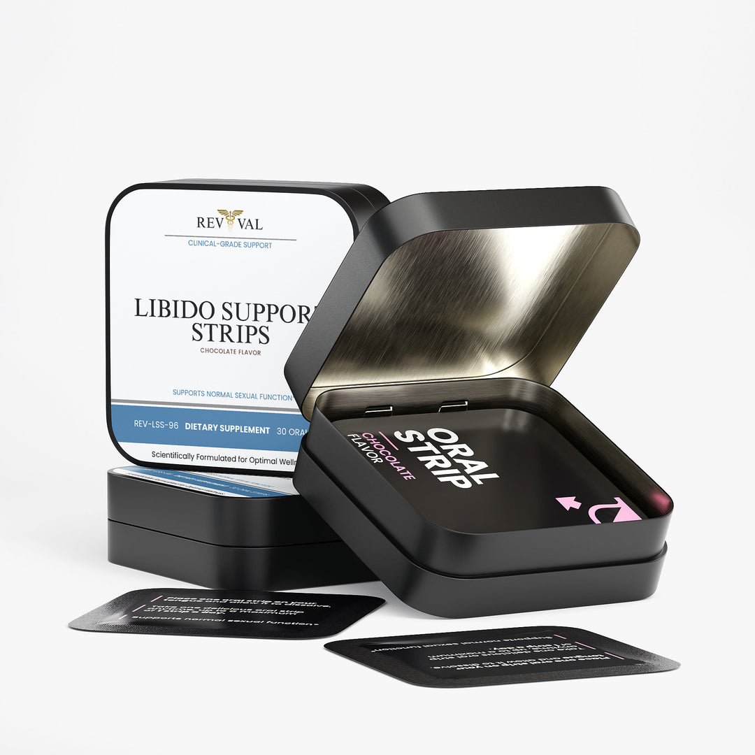 Black container with libido support strips and packaging on a white background