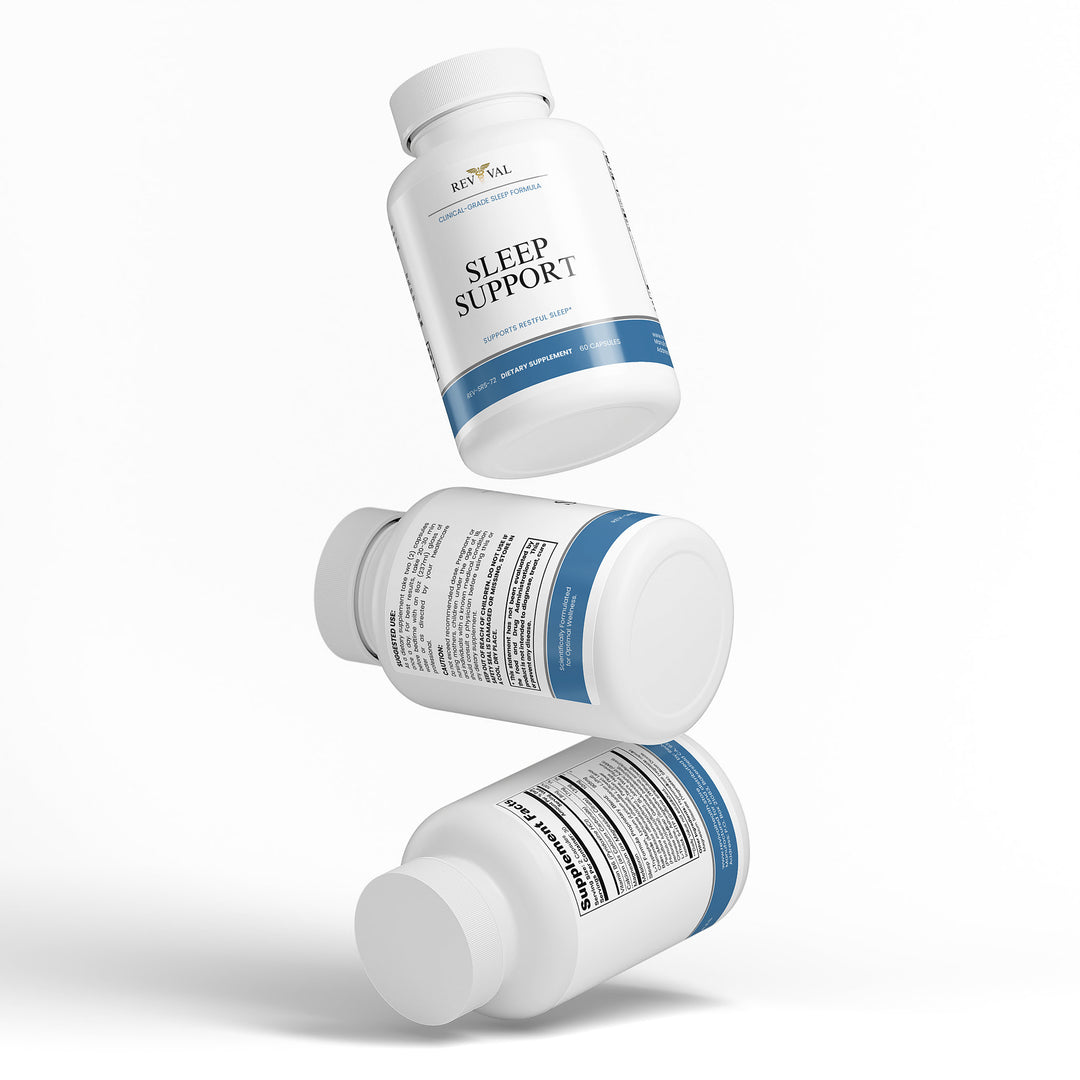 Three bottles of sleep support supplement on a white background