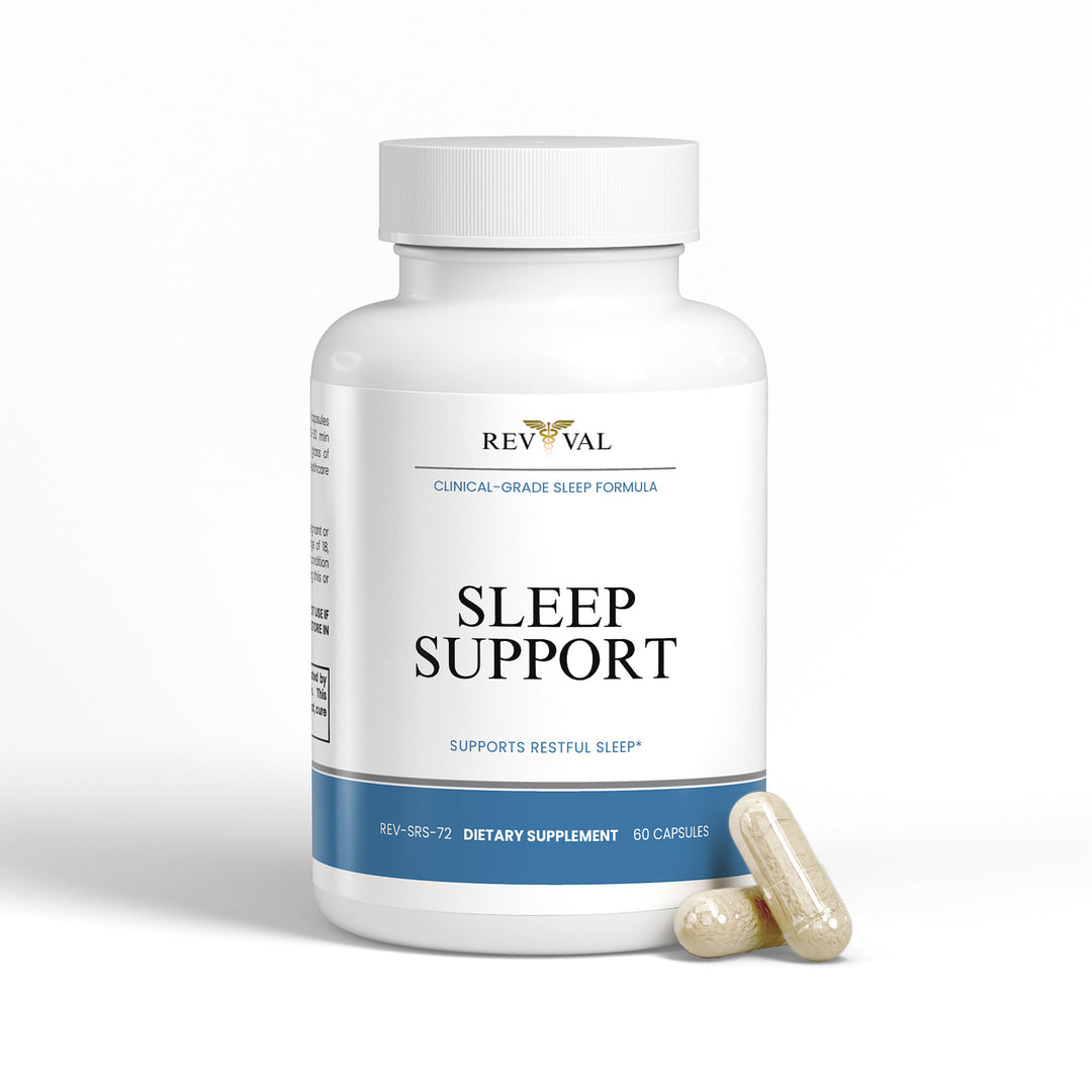 Revival Sleep Support supplement bottle with capsules on a white background