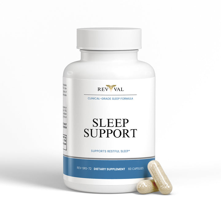 Revival Sleep Support supplement bottle with capsules on a white background