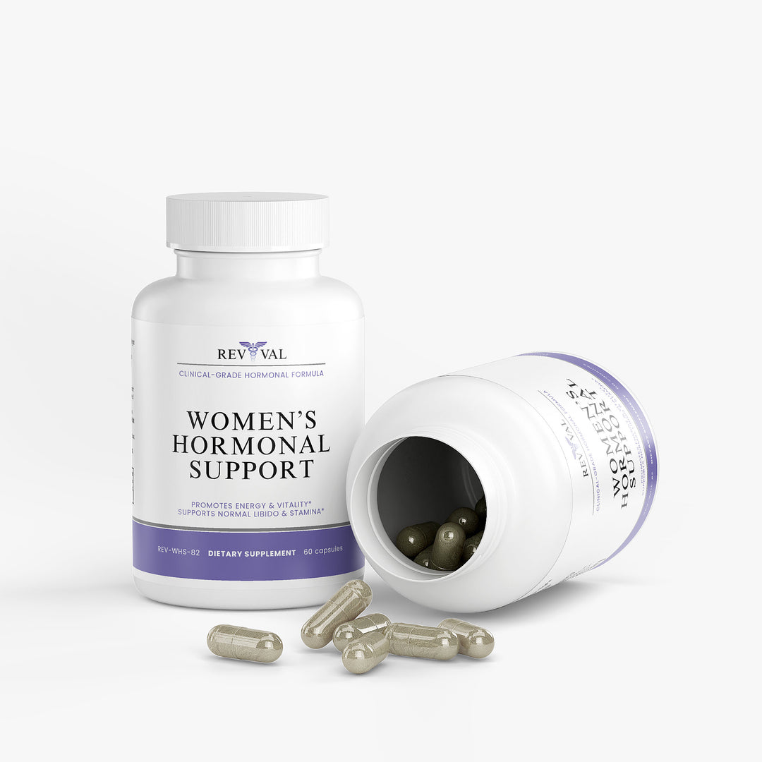 Supplement bottle labeled 'Women's Hormonal Support' with capsules on a white background