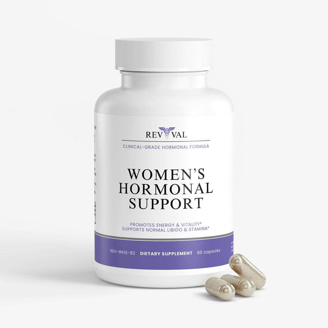 Bottle of Rev Val Women's Hormonal Support dietary supplement on a white background