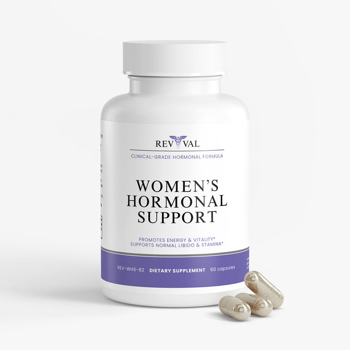 Bottle of Rev Val Women's Hormonal Support dietary supplement on a white background