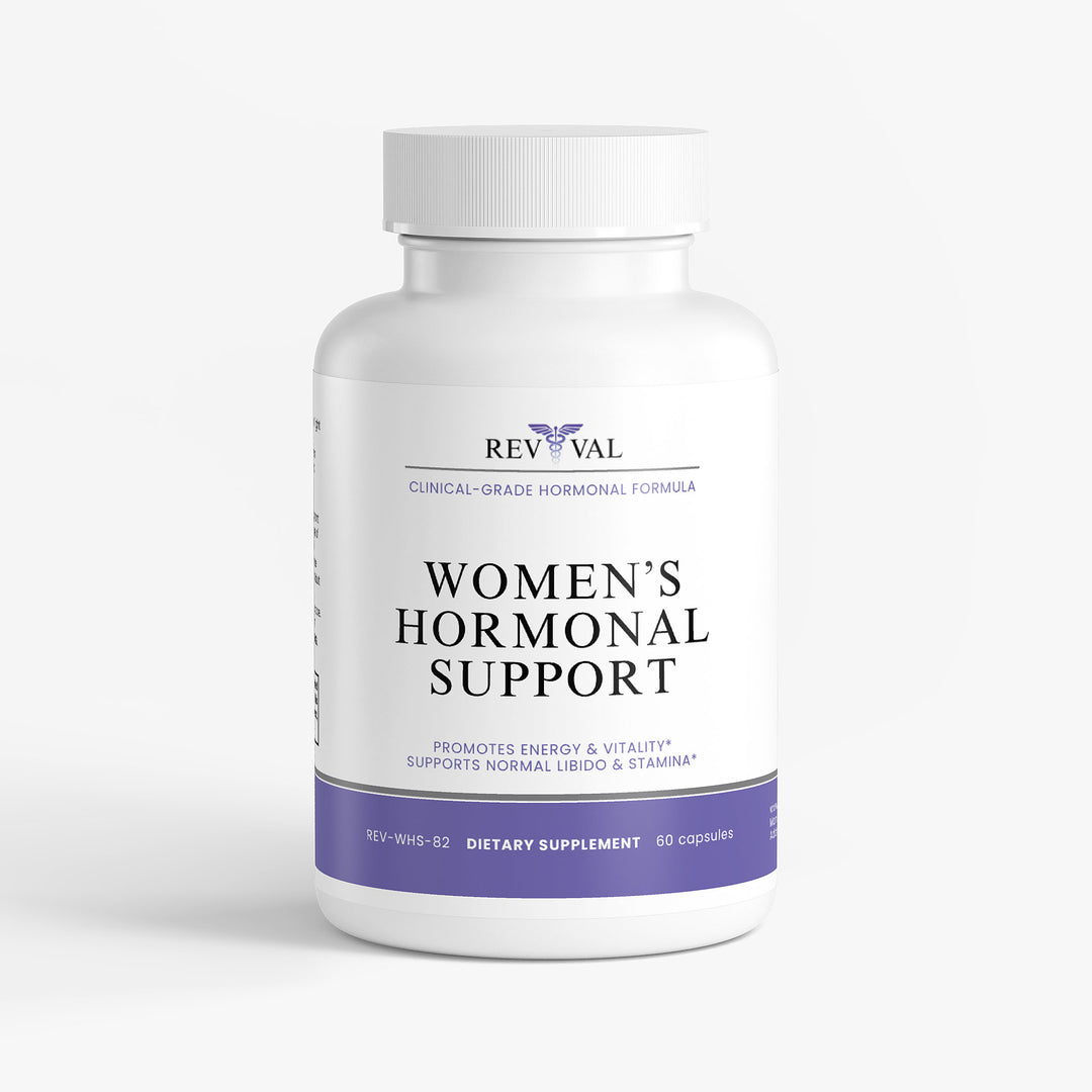 Supplement bottle labeled 'Women's Hormonal Support' by Rev Val on a white background