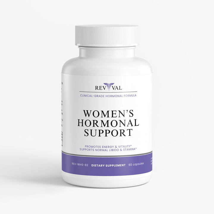 Supplement bottle labeled 'Women's Hormonal Support' by Rev Val on a white background