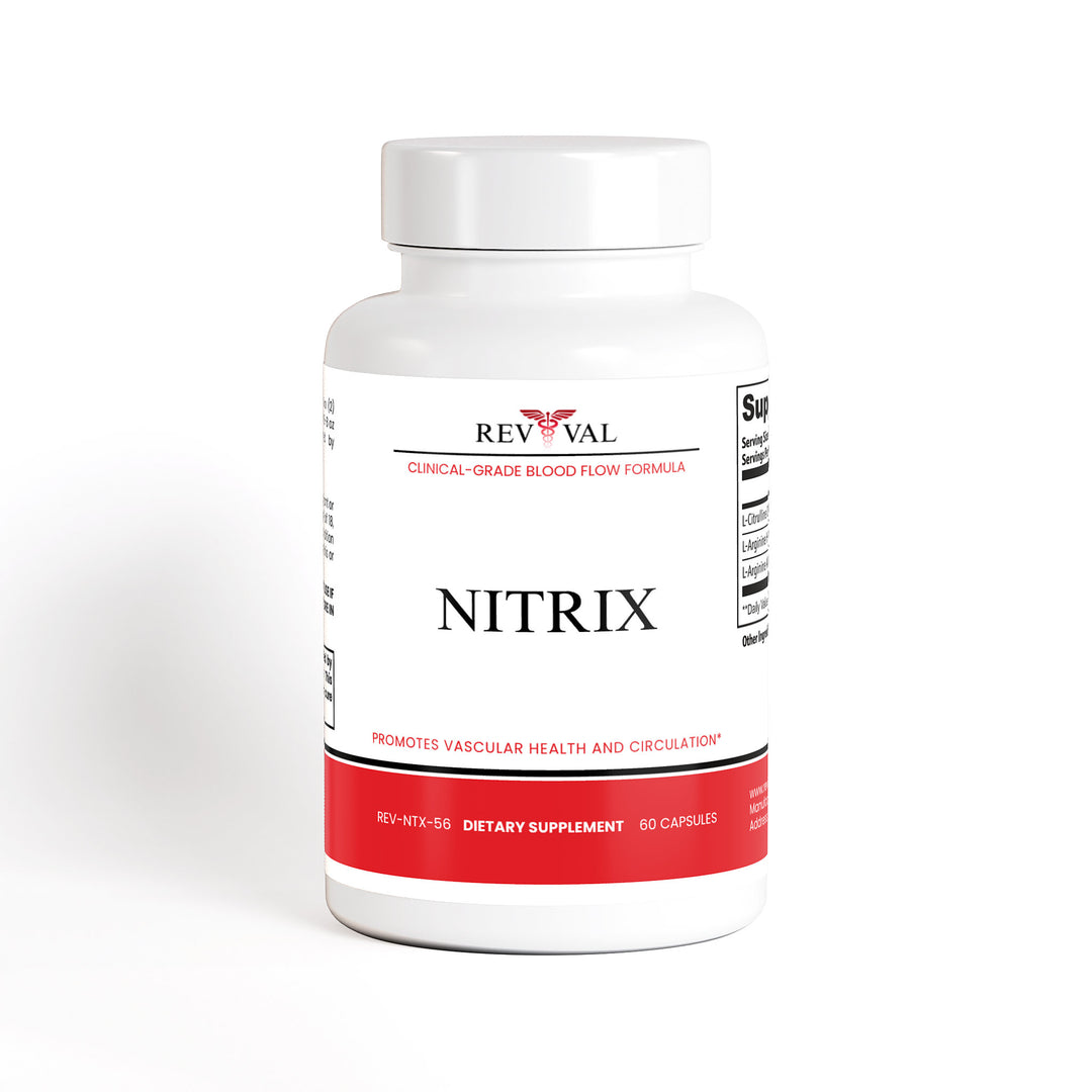 Supplement bottle labeled 'Nitrix' by Revival on a white background