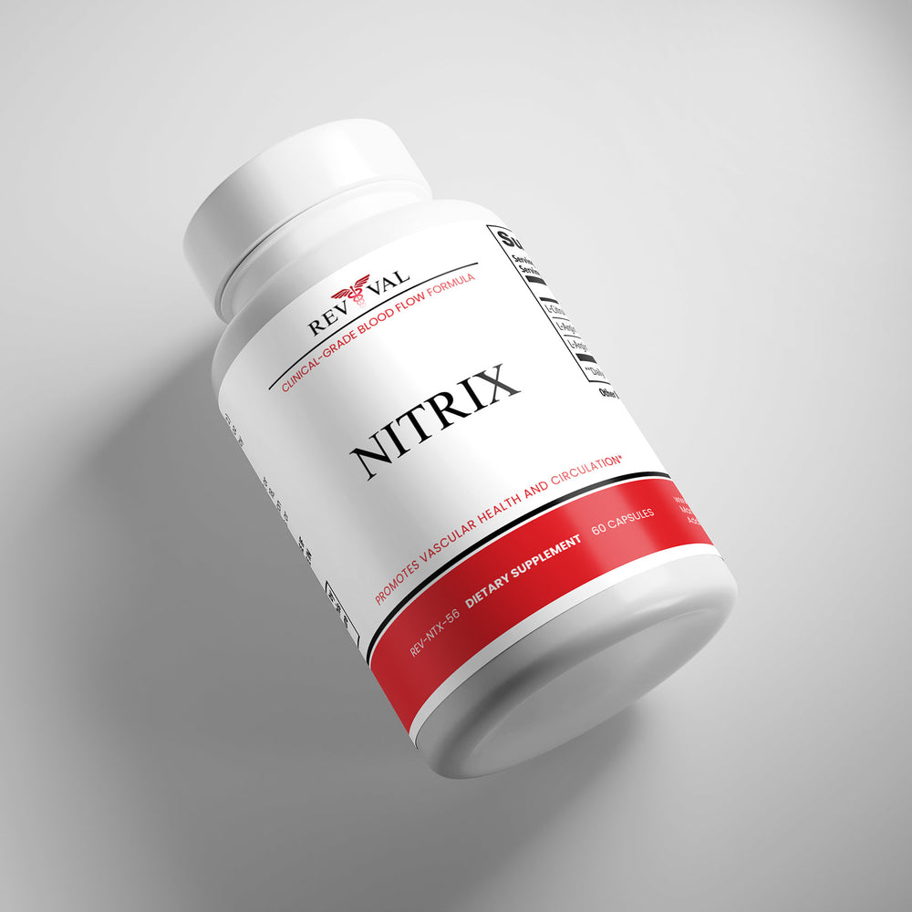 Supplement bottle labeled 'Nitrix' by Revival on a gray background