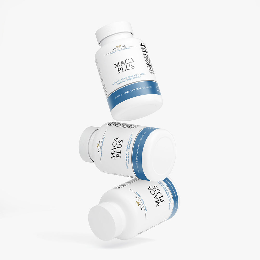 Three bottles of MACA PLUS supplement on a white background