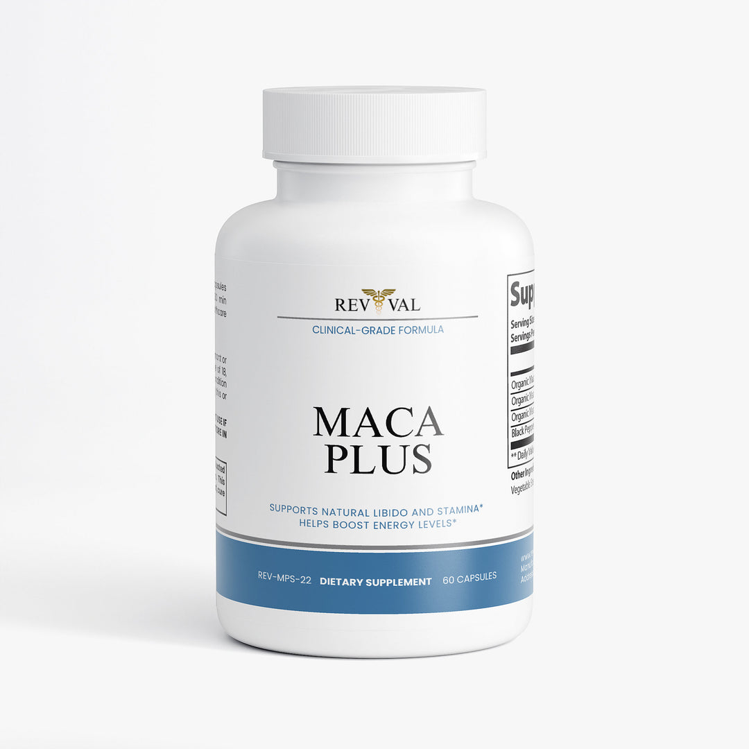 Supplement bottle labeled 'Maca Plus' by Revival on a white background