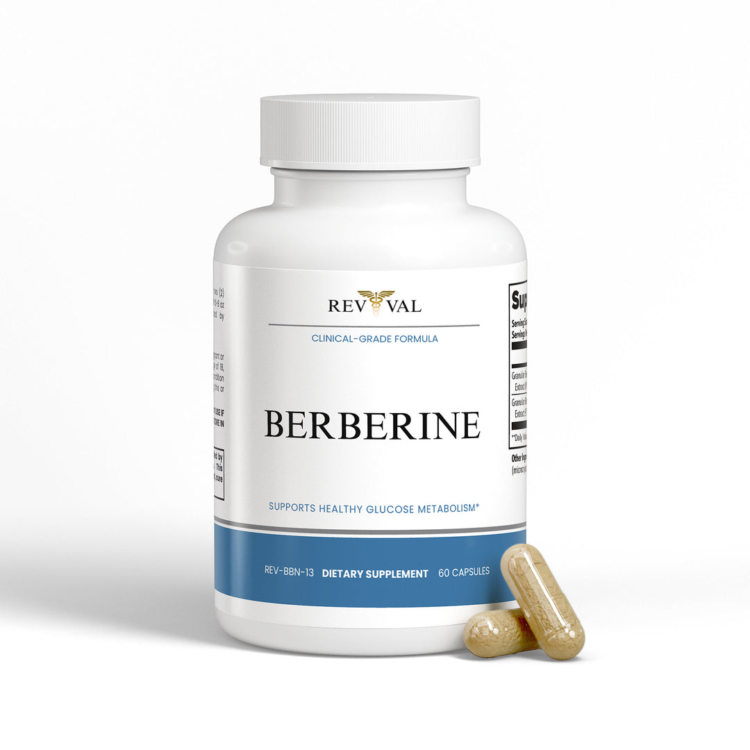 Revival Berberine dietary supplement bottle with capsules on a white background