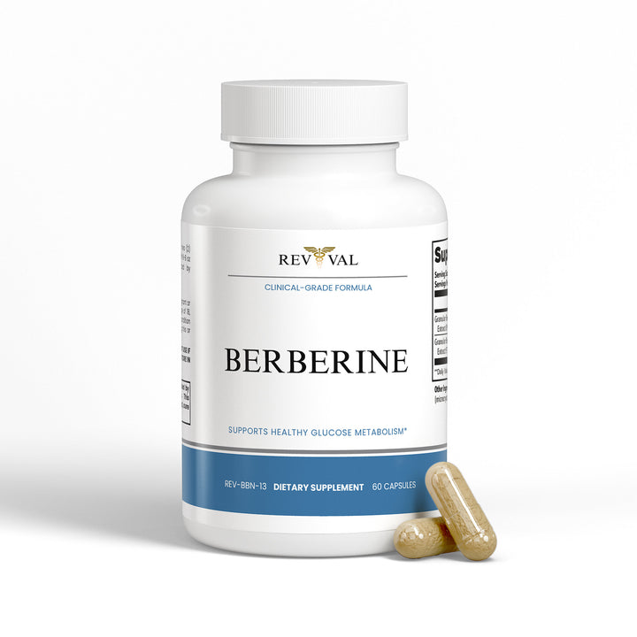 Revival Berberine dietary supplement bottle with capsules on a white background