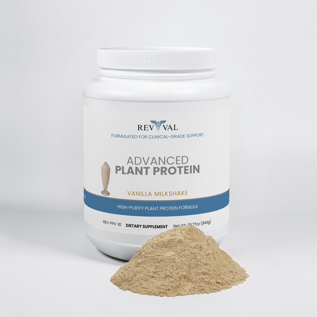 Jar of Rev Val Advanced Plant Protein with protein powder on a white background
