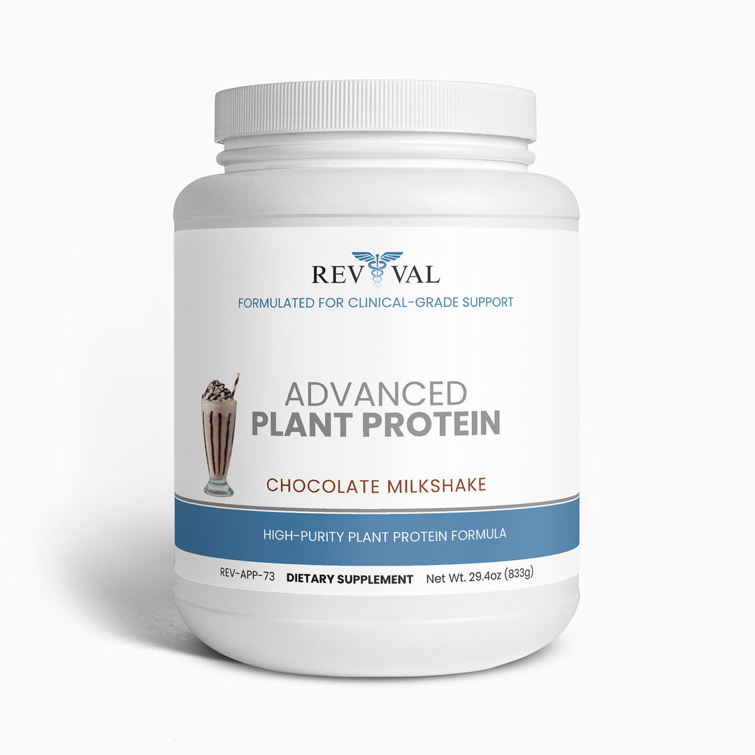 Rev Val Advanced Plant Protein container with chocolate milkshake flavor on a white background