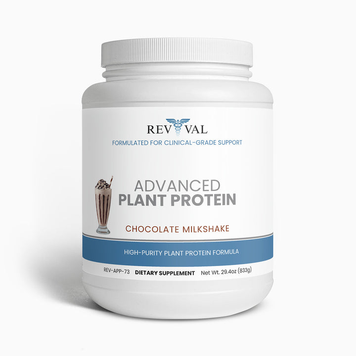 Rev Val Advanced Plant Protein container with chocolate milkshake flavor on a white background