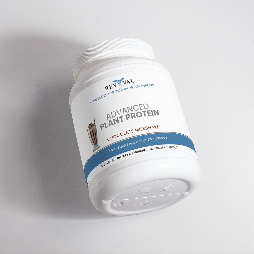 Container of Revival Advanced Plant Protein on a light gray background