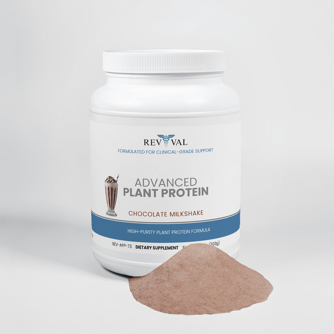 Revival Advanced Plant Protein container with chocolate milkshake flavor on a white background