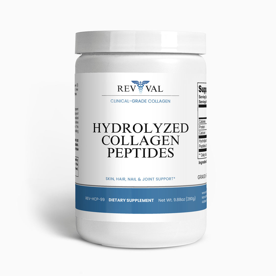 Container of Rev Val Hydrolyzed Collagen Peptides on a white background