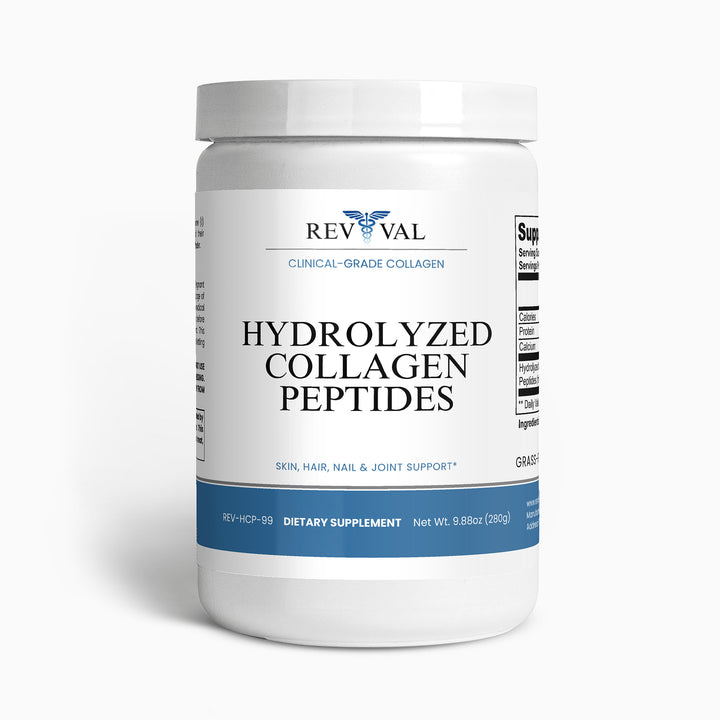 Container of Rev Val Hydrolyzed Collagen Peptides on a white background